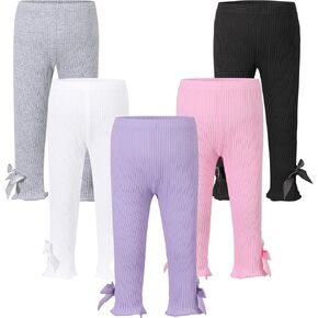 5 Pack Toddler Girl Leggings | Soft Cotton Ribbed Bow Leggings for Baby Girl, Elastic Waist Baby Pants, 0-24 Months 2T-5T in Saudi Arabia