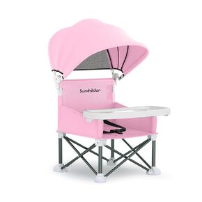 Portable Baby Booster Seat with Removable Tray & Canopy - 3 Point Safety Harness, Compact Fold for Travel, Indoor Outdoor Use for Infants & Toddlers, Gray in Kuwait