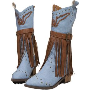 Women's Fringe Rivet Western Cowboy Mid Calf Boots with Side Zipper Fashion Buckle Strap Pointed Toe Chunky Heel Tassel Cowgirl Boots for Country Music Festivals Party Riding Boots in Saudi Arabia