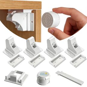 Magnetic Cabinet Locks 4 Locks + 1 Key, Baby Proofing Child Safety Locks for Cabinets, Cupboards and Drawers, Invisible No Drill Adhesive Design with Easy Installation Template & Screws, Starter Kit in Saudi Arabia