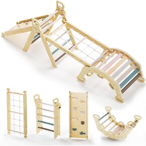 BlueWood 10-in-1 Pikler Triangle Set, Toddler Climbing Toys Indoor, Montessori Climber, Baby Jungle Gyms with Arch, Extra Rope Ladder & Footprint Balance Beam - Neon Aurora in Saudi Arabia