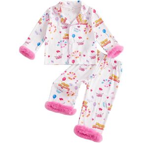 Toddler Girl Birthday Pajamas Feather Trim Shirts Pants Set Loungewear | Kids Girls Pajamas Birthday Ball Print Long Sleeve Shirt and Elastic Pants 2Pcs Pjs Set Sleepwear for Birthday,Daily,Sleep in Saudi Arabia