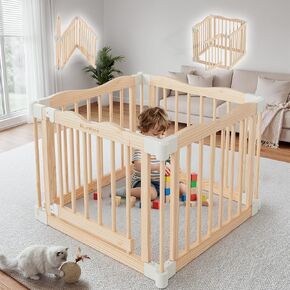 Foldable Wooden Playpen - Adjustable Wood Baby Play Yard with Door, Indoor Large Safety Fence for Babies and Toddlers - Easy Assembly, Natural, 79 x 53 x 24 inches in Kuwait