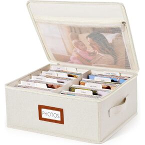Photo Storage Box with Zipper Lid & Dividers, Linen Photo Organizer Container for 2000 4x6 Pictures, Decorative Keepsake Memory Box with Handle, 8x10 Mesh Pocket for Family Pictures, Brown in Kuwait