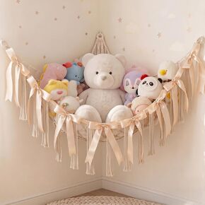 Basumee Stuffed Animals Storage Hammock with DIY Bows & LED Lights Hanging Toy Organizer for Stuffed Animals Large Corner Plushie Net for Kids Girls Room Decor Aesthetic Toy Hammock with Bowknots in Kuwait