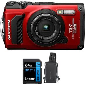 OM Systems Tough TG‑7 12MP 4K Underwater Digital Camera (Red) Adventure Bundle with Lexar 64GB SDXC Card + Deco Essentials Sling Backpack in Kuwait