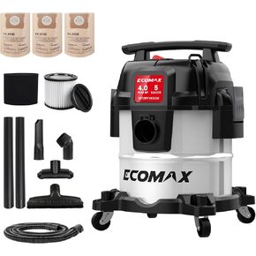 ECOMAX 5 Gallon Ultra Quiet Stainless Steel Shop Vacuum Wet and Dry | 4 Peak HP, 80% Quieter Operation, Durable Long Life Motor, Portable Vacuum for Garage, Workshop, Jobsite, Complete Accessory in Kuwait