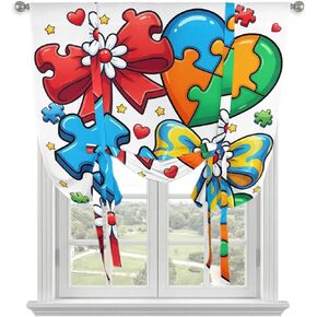Cartoon Jigsaw Tie Up Curtains for Small Windows,Adjustable Rod Pocket Colorful Bows Hearts Daisy Flowers Valance 45 Inch Short, Window Treatment Balloon Roman Blind Shade, 34" x 45" in Kuwait