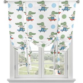 Funny Dinosaurs Tie Up Curtains for Small Windows,Adjustable Rod Pocket Cartoon Cute Animals Green Blue Dots Valance 45 Inch Short, Window Treatment Balloon Roman Blind Shade, 34" x 45" in Kuwait