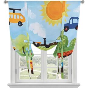 Cartoon Cat Tie Up Curtains for Small Windows,Adjustable Rod Pocket Funny Farmhouse Sun Train Truck Trees Valance 45 Inch Short, Window Treatment Balloon Roman Blind Shade, 34" x 45" in Kuwait