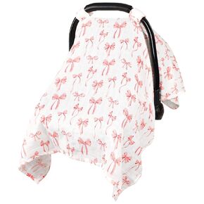 Muslin Baby Car Seat Cover, Summer Carseat Cover for Baby Girl, Breathable Baby Car Seat Canopy, Pink Bow in Kuwait