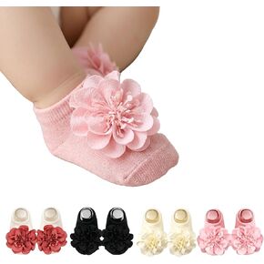4 Pairs Baby Girl Non-Slip Flower Grip Socks, Soft Cotton Breathable Ankle Socks for Newborn Toddler Princess Cotton Breathable Ankle Socks for Newborn in Kuwait