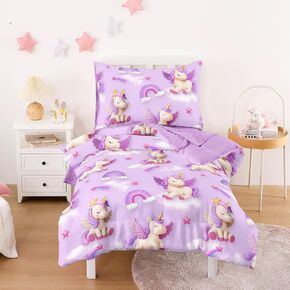 Wake In Cloud - Toddler Bedding Set for Girls, 3D Unicorns Rainbow Clouds, 4 Pieces Soft Crib Bed Set Including Comforter, Sheets and Pillowcase, Purple in Kuwait