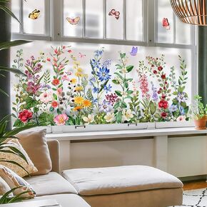 Colorful Floral Window Clings, Watercolor Wildflower Wall Stickers, Peel and Stick Reusable Removable Double-Sided for Home Office Decor (Green) in Saudi Arabia