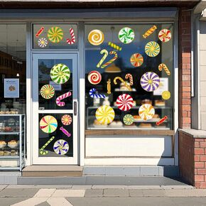 Christmas Candy Window Sticker Hot Stamping DIY Glass Decor | Colorful Lollipop and Candy Window Decal Double-sided Peel and Stick Clings Suitable for Stores Cafes Living Rooms in Kuwait