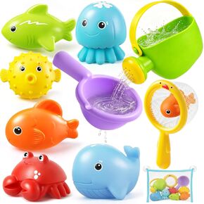 Baby Bath Toys for Kids, STOPKLAS Squeezable Water Toys for Toddlers, 10 PCS Bathtub Toys with Kids Watering Can & Storage Bag, Baby Pool Float Animal Toys for Bath, Shower, Pool, Baby Girl Boy Gift in Kuwait