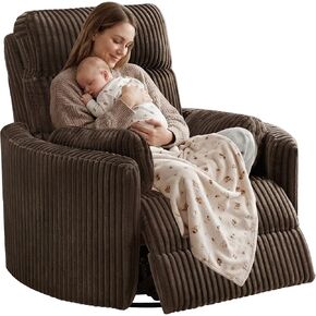 SUNWAVE 40" Oversized Power Nursery Rocking Recliner Barrel Chair, Swivel Nursing Chair with Electric Headrest & Anti-Pinch, Lay-Flat Corduroy Rocking Chair Nursery with USB/Type-C in Kuwait