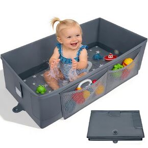 Collapsible Baby Bathtub, Foldable Toddler Bath Tub with Toy Net | No Assembly Portable Travel Bathtub for 6M-5Y Old Kids, Space Saving Shower Tub for Home, Travel & Baby Registry Gift (Grey) in Saudi Arabia