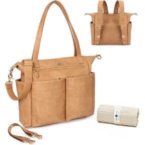 miss fong Diaper Bag Tote Baby Bag Leather Diaper Bag Backpack Large Diaper Tote Bag with 11 Pockets Changing Pad, Stroller Straps,4 Insulated Pockets in Kuwait