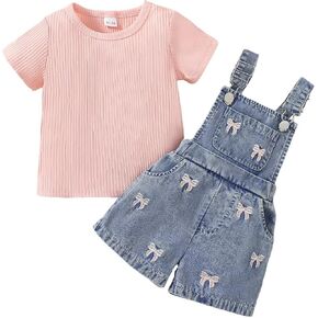 Toddler Baby Girl Summer Clothes Short Sleeve T-Shirt Tops + Denim Suspender Overalls Shorts Set Outfits 12 Months-4T in Saudi Arabia