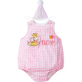 Baby Boy 1st Birthday Outfit, Safari Animal Embroidery Sleeveless One-Piece Romper Jumpsuit with Hat Headband Set in Kuwait