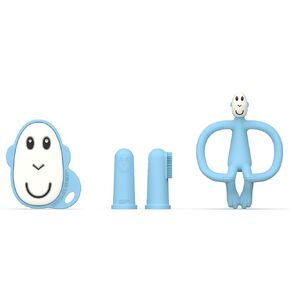 Matchstick Monkey Teething Starter Set – 1 Flat Face Teether, 1 Animal Teether, 2 Silicone Finger Toothbrushes, BPA-Free, Multisensory Relief, Fine Motor Development, 3+ Months, Light Blue in Kuwait