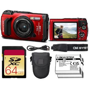 OM SYSTEM Tough TG-7 Digital Camera Bundle (Red) | 12MP BSI CMOS Sensor, f/2 Lens, 4K Video, Waterproof, Shockproof & Freezeproof | Great for Outdoors (V110030RU000) + 64GB Card + Case + Battery in Kuwait