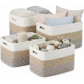 4 sets of hand-woven cotton rope storage boxes, suitable for toys, books, clothes, bathrooms, and car trunks used for organizing and decoration, Two 16x14x7 in and two 14x10x7 in in Kuwait