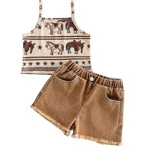 Western Outfit for Girls Cute Toddler Girl Horse Tank Top and Frayed Denim Jeans Shorts Set 2-7 Years Old in Kuwait