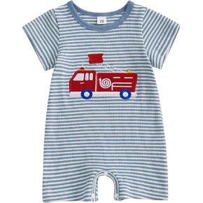 Newborn Baby Boy Summer Clothes Truck Embroidered Romper Striped Short Sleeve Jumpsuit Onesie Infant Boy Outfit in Kuwait