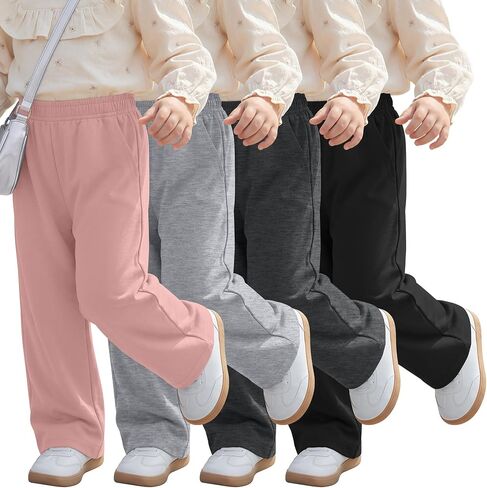 4 Pack Toddler Girls Wide Leg Sweatpants Elastic Waist Pants with Pockets Athletic Loose Casual Baby Kids Clothes in Kuwait
