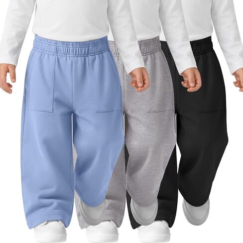 3 Pack Toddler Girls' Wide Leg Sweatpants Baby Elastic Waist Casual Pants Kids Active Pull on Joggers with Pockets in Kuwait