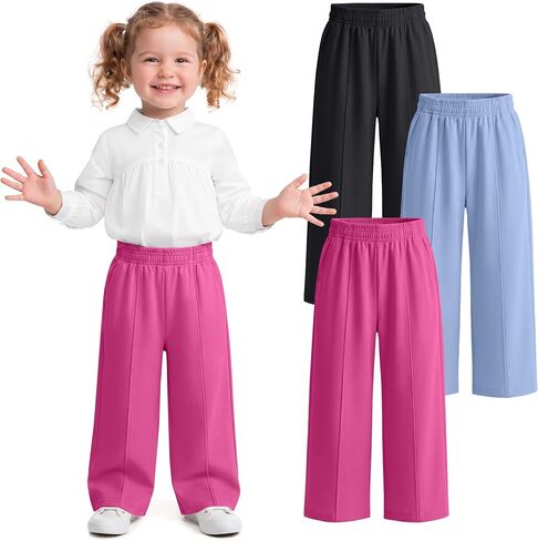 3 Pack Toddler Girls Wide Leg Pants Front Seam Baggy Cotton Sweatpants Baby Girls Active Back to School Trousers in Kuwait
