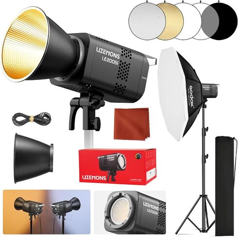 Godox Litemons LE200Bi 220W Bi Color COB LED Video Light, Professional Bowens Mount Studio Continuous Light CRI/TLCI 98+ 57700 Lux@1m APP DMX Control Ultra Quiet Luz Continua Godox in Kuwait