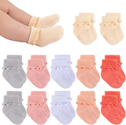 12 Pairs Newborn Baby Socks Ruffle Preemie Turn Cuff Cotton Non-slip Soft Warm Ankle Baby Doll Socks for Infant Girls Hospital Nicu 0-3 Months in Kuwait