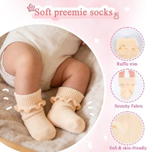 12 Pairs Newborn Baby Socks Ruffle Preemie Turn Cuff Cotton Non-slip Soft Warm Ankle Baby Doll Socks for Infant Girls Hospital Nicu 0-3 Months in Kuwait