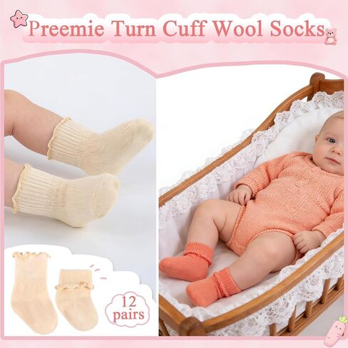 12 Pairs Newborn Baby Socks Ruffle Preemie Turn Cuff Cotton Non-slip Soft Warm Ankle Baby Doll Socks for Infant Girls Hospital Nicu 0-3 Months in Kuwait