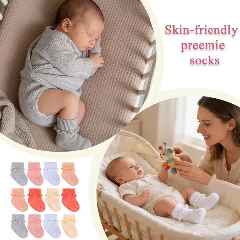 12 Pairs Newborn Baby Socks Ruffle Preemie Turn Cuff Cotton Non-slip Soft Warm Ankle Baby Doll Socks for Infant Girls Hospital Nicu 0-3 Months in Kuwait