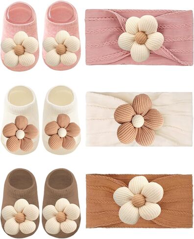 Baby Girl Ankle Socks Set with Headbands, Soft Non-Slip Socks for Newborn 0–6 Months, Flower & Bunny Cute Designs in Kuwait