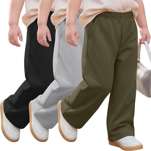 3 Pack Toddler Girls Baggy Sweatpants Kids Wide Leg Long Pants Lightweight Open Bottom Jogger with Pockets in Kuwait