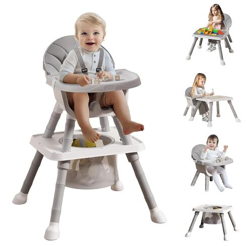 UNICOO 7 in 1 Convertible Baby High Chair, Toddler Highchair Converts to Activity Table and Chair Set, Removable Double Tray, 5-Point Harness, Storage Basket, Building Block Tabletop (Grey) in Kuwait