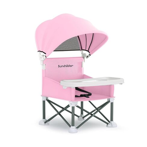 Portable Baby Booster Seat with Removable Tray & Canopy - 3 Point Safety Harness, Compact Fold for Travel, Indoor Outdoor Use for Infants & Toddlers, Gray in Kuwait