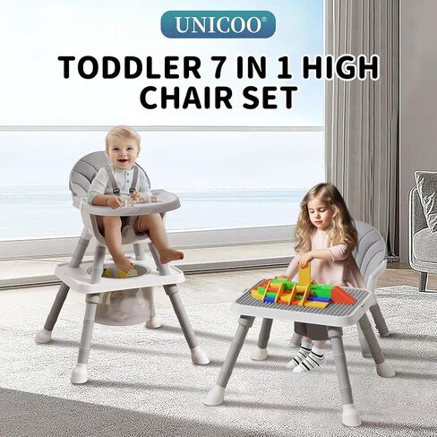 UNICOO 7 in 1 Convertible Baby High Chair, Toddler Highchair Converts to Activity Table and Chair Set, Removable Double Tray, 5-Point Harness, Storage Basket, Building Block Tabletop (Grey) in Kuwait