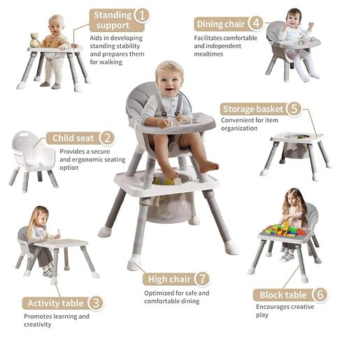 UNICOO 7 in 1 Convertible Baby High Chair, Toddler Highchair Converts to Activity Table and Chair Set, Removable Double Tray, 5-Point Harness, Storage Basket, Building Block Tabletop (Grey) in Kuwait