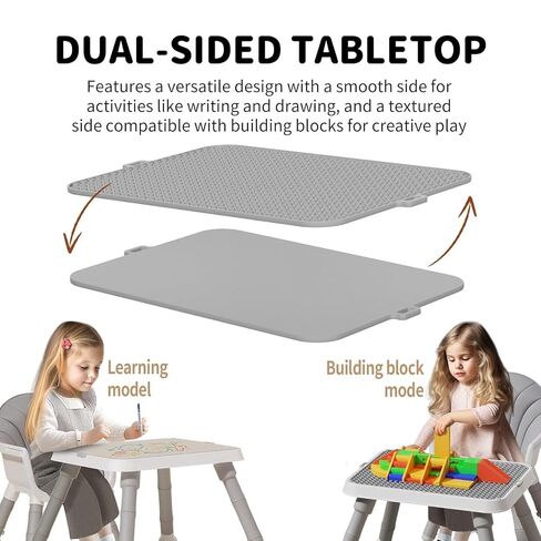 UNICOO 7 in 1 Convertible Baby High Chair, Toddler Highchair Converts to Activity Table and Chair Set, Removable Double Tray, 5-Point Harness, Storage Basket, Building Block Tabletop (Grey) in Kuwait