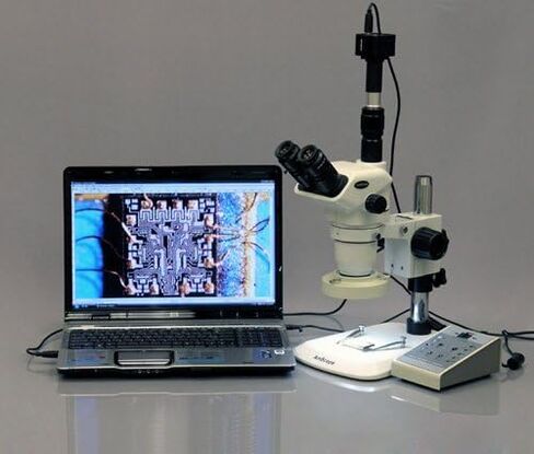 AmScope ZM-1TNW2-80AM-5M Digital Professional Trinocular Stereo Zoom Microscope, EW10x and EW25x Focusing Eyepieces, 3.35X-225X Magnification, 0.67X-4.5X Zoom Objective, Eight-Zone LED Ring Light, Large Pillar-Style Table Stand, 110V-240V, Includes 0.5X a in Kuwait