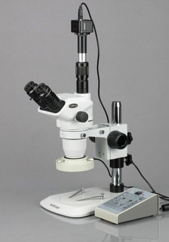 AmScope ZM-1TNW2-80AM-5M Digital Professional Trinocular Stereo Zoom Microscope, EW10x and EW25x Focusing Eyepieces, 3.35X-225X Magnification, 0.67X-4.5X Zoom Objective, Eight-Zone LED Ring Light, Large Pillar-Style Table Stand, 110V-240V, Includes 0.5X a in Kuwait