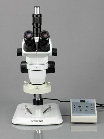 AmScope ZM-1TNW2-80AM-5M Digital Professional Trinocular Stereo Zoom Microscope, EW10x and EW25x Focusing Eyepieces, 3.35X-225X Magnification, 0.67X-4.5X Zoom Objective, Eight-Zone LED Ring Light, Large Pillar-Style Table Stand, 110V-240V, Includes 0.5X a in Kuwait