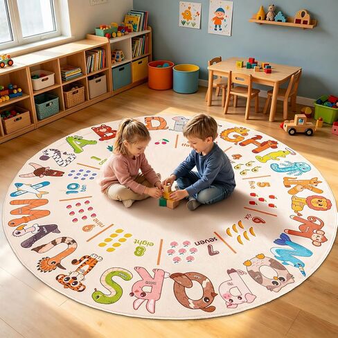 Rezutan Kids Educational Rug, Round 4 X 4 Feet Soft & Non-Slip Dinosaur Pattern Carpet, Kids Area Rug for Learning Alphabet Animal Words for Classroom Playroom for Bedroom Decor, Beige in Kuwait