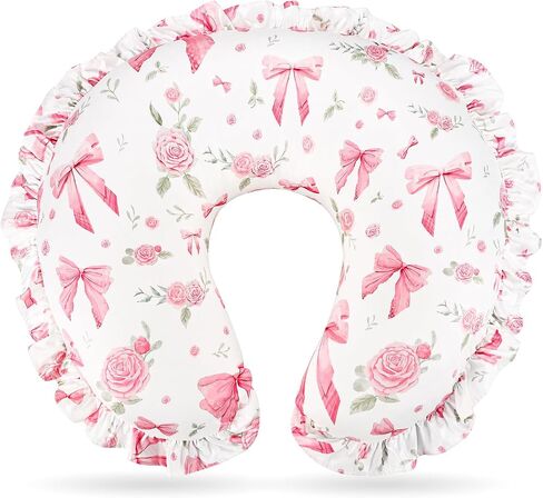 Nursing Pillow Cover for Baby Girl, Soft Stretch Breastfeeding Pillow Cover Pink Floral, Elegant Ruffled Trim & Rose Bow Design for Feeding Moment, Hidden Zipper, Machine Washable in Kuwait